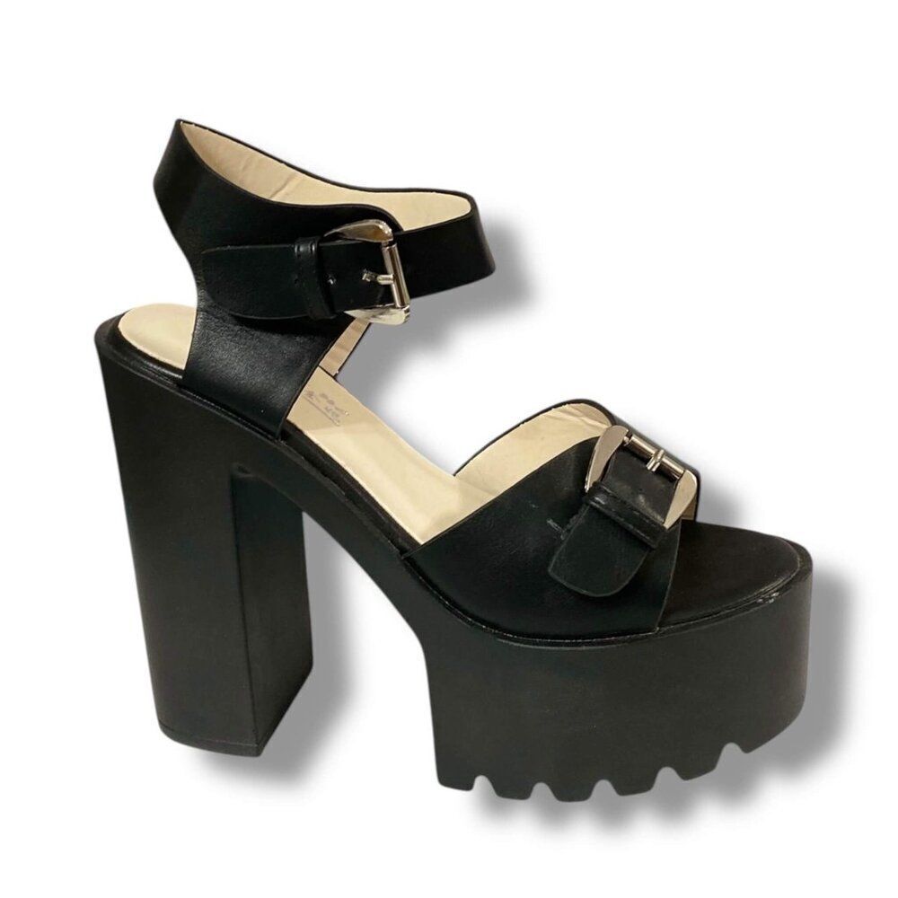 Black Leather Open Toe Silver Buckle Straps Lug Sole High Heels  NEW